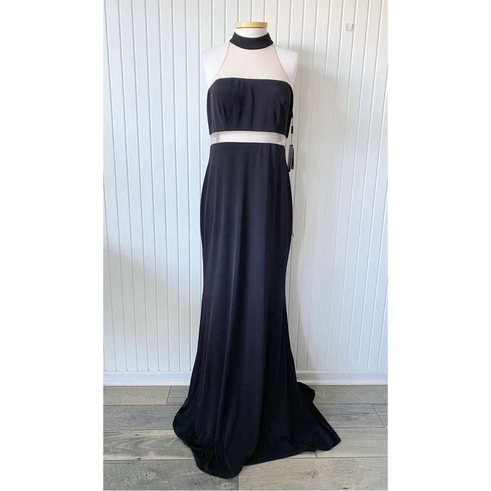 NWT Terani Couture Gown Dress Glamour Long Black Gown Dress Illusion Neck Sz 12